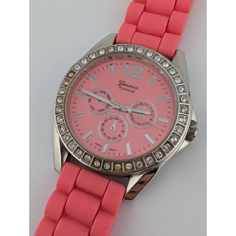 Geneva Platinum Watch Women 43mm Case Pink Silicone Band- New Battery